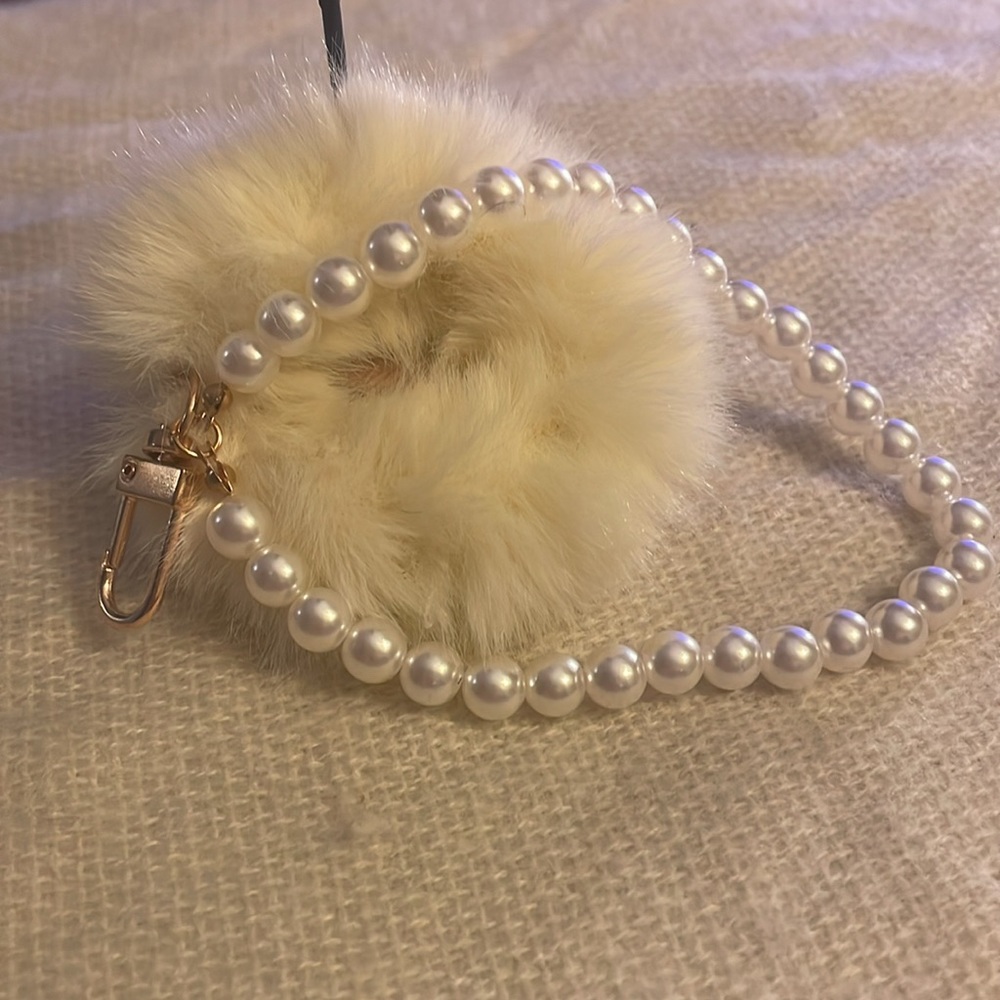 Key ring with faux pearl and fuzzy wrist straps